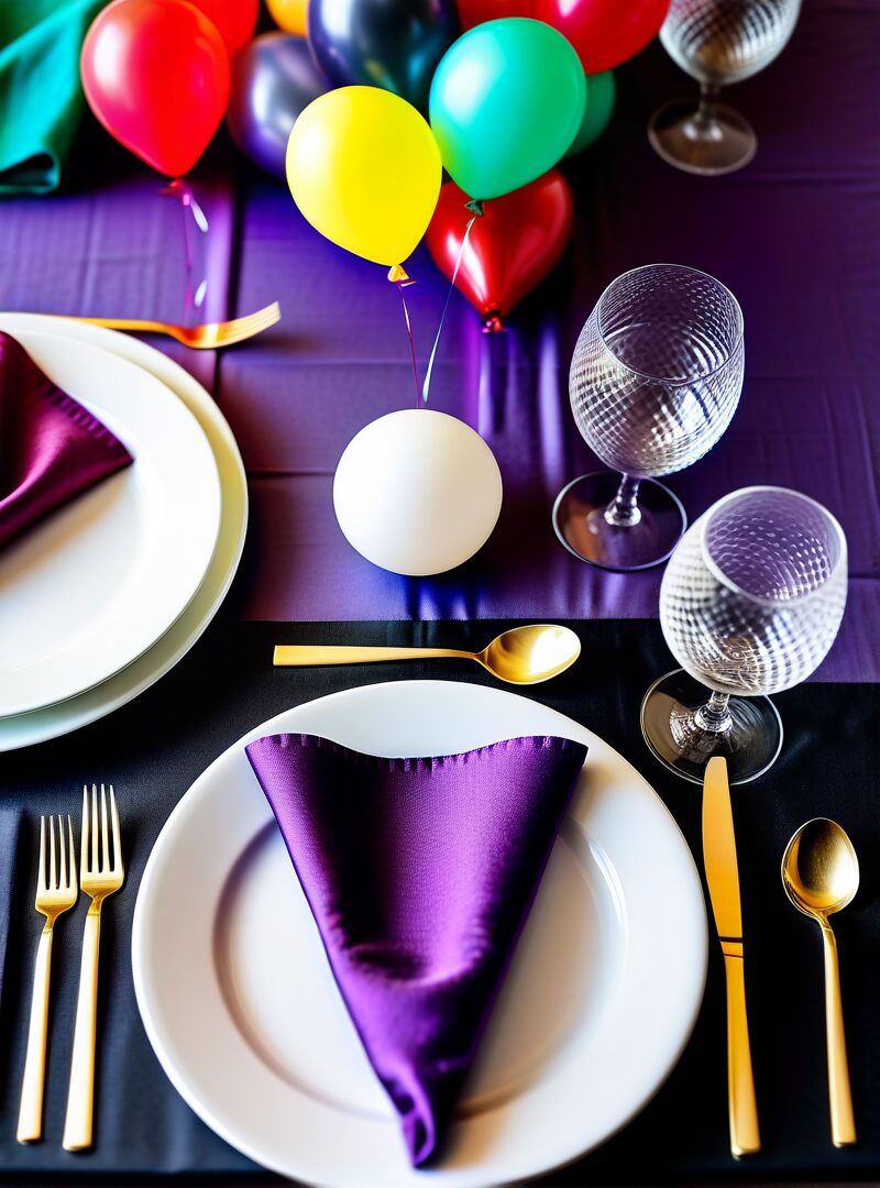 Purple and black party table setting with colorful balloons, gold flatware and crystal glassware by Party Pizazz Rents and Events in Bullhead City, AZ